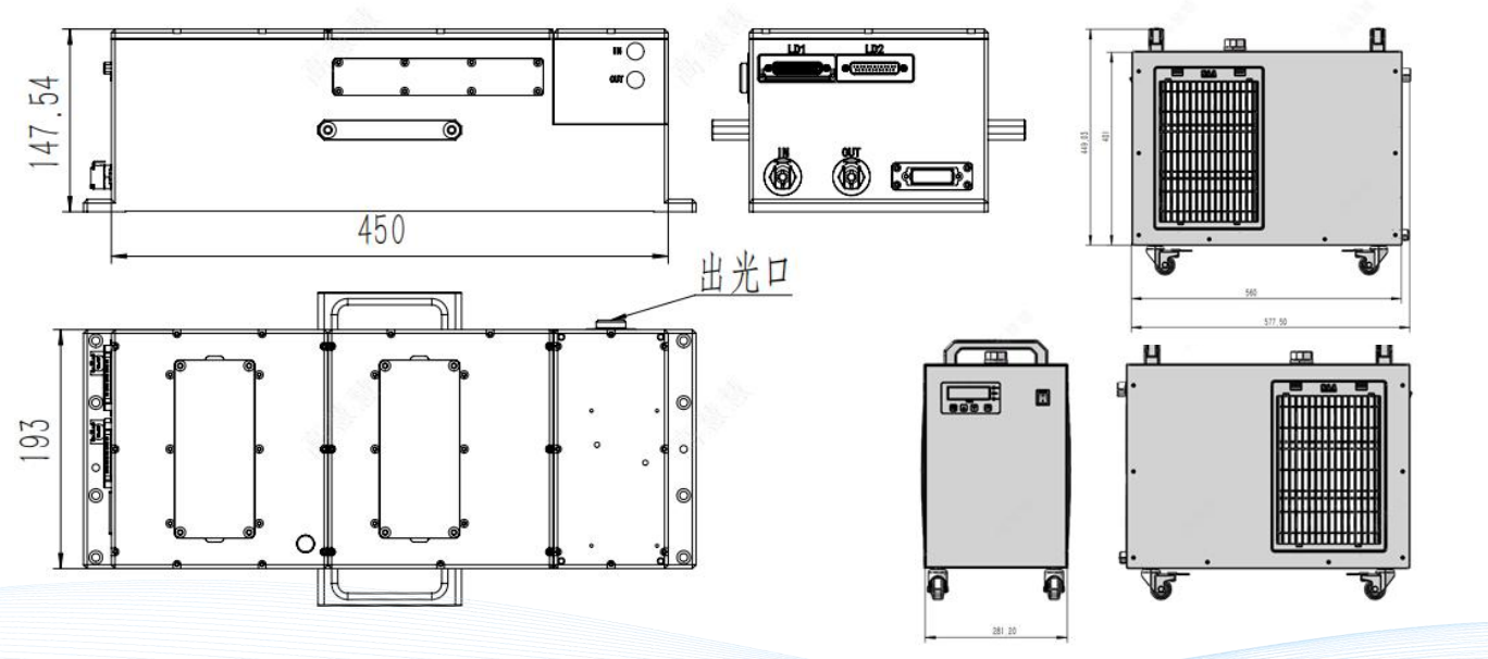 CASEO-LASER-DHS dimension drawing of laser head and water chiller